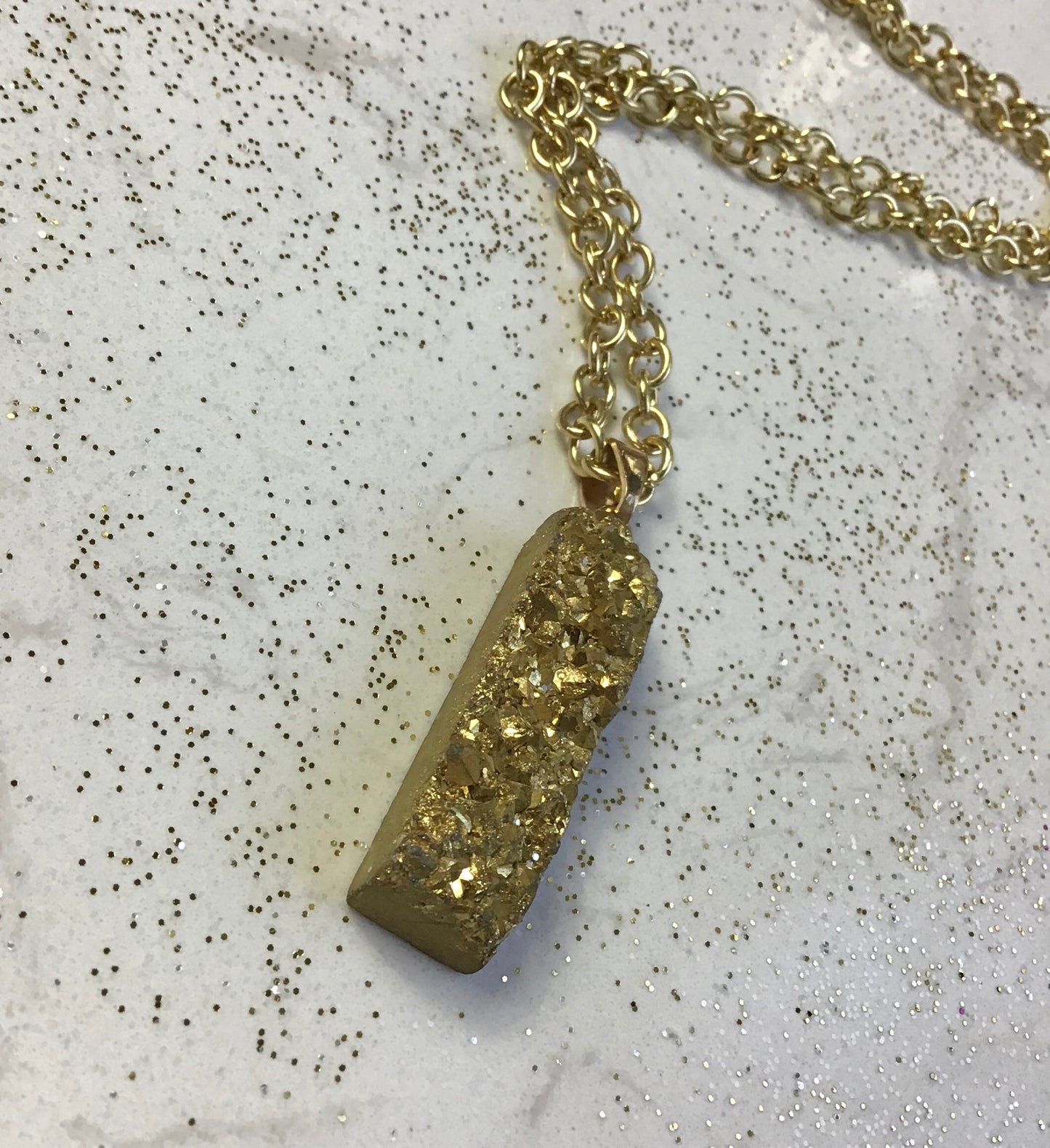 Gold Druzy Quartz Bar Necklace