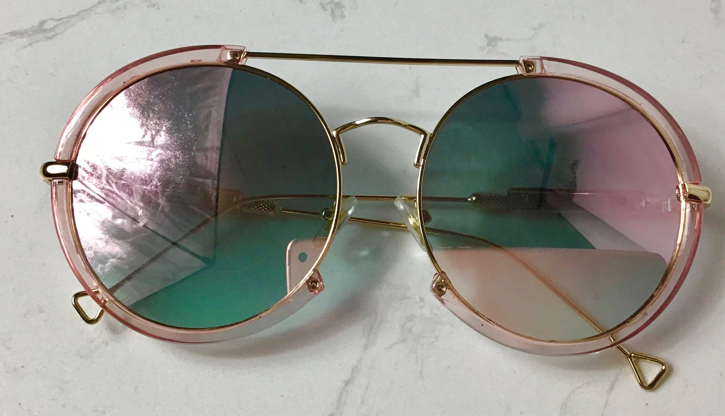 Pink Oversized Top Bar Round Tinted Sunglasses